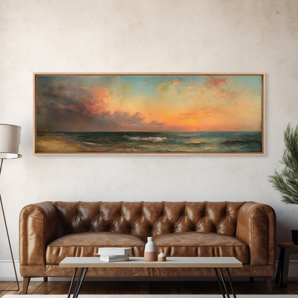 North Beach at Sunset, Framed Canvas Print, Beautiful Panoramic Seascape Painting, Boho / Minimalist Home Decor, Rustic Beach Art