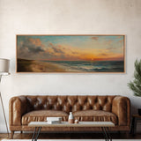 Muted Beach Framed Oil Painting Canvas Print, Minimalist Coastal Decor, Seascape Painting, Long / Horizontal Beach Wall Art, Panoramic Art