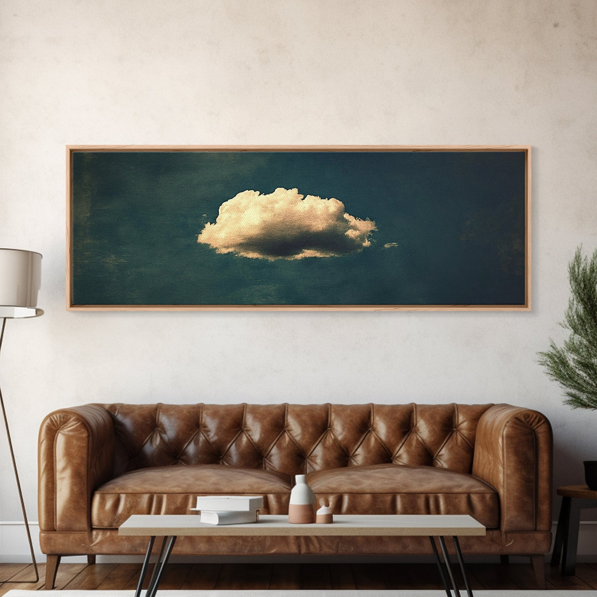 The Lonely Cloud - Framed Canvas Print - Vintage Moody Cloud Wall Art - Single Cloud In A Blue Sky - Vintage Above Bed Boho Art