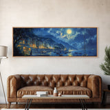 Italian Fishing Village at Midnight Under a Full Moon, Framed Canvas Print, Panoramic Wall Art, Eclectic Boho Home Decor, Wide Oversized Wall Art