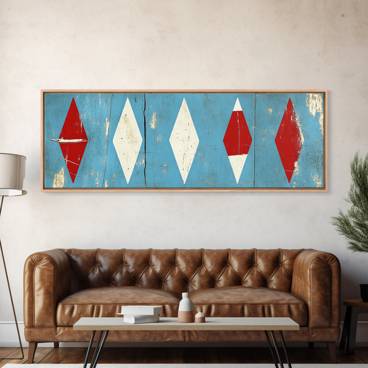 Red & White Diamonds - Framed Canvas Print - Rustic / Distressed MCM Mashup Home Decor - Turquoise Background