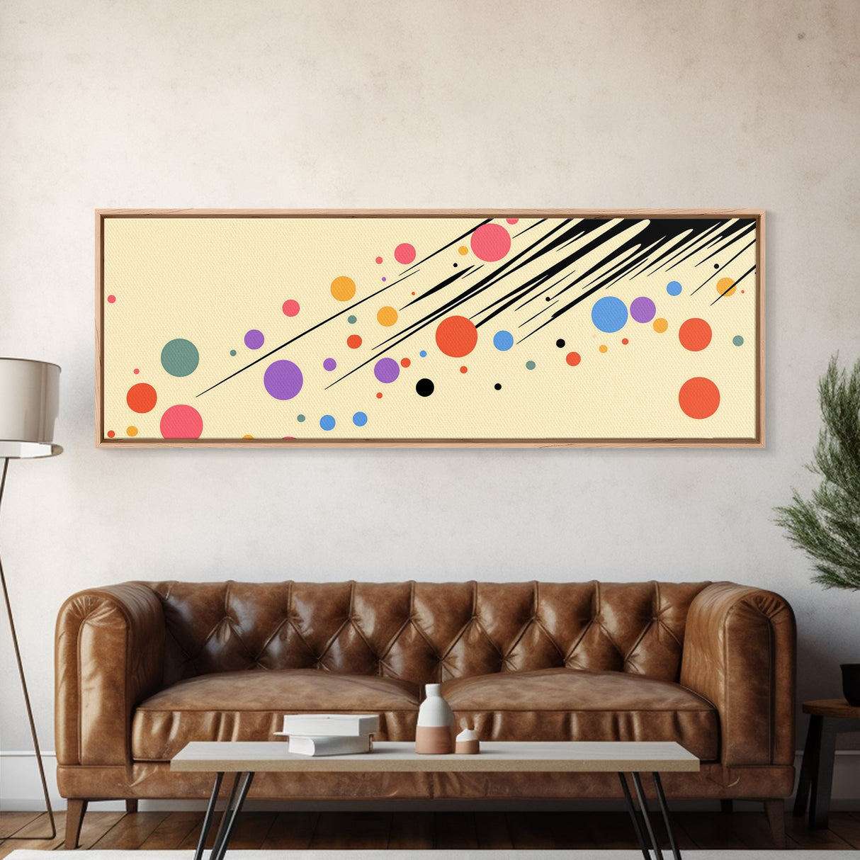 Polka Dots On Cream Background, Framed Canvas Print, Panoramic Wall Art, Modern Home Decor, Boho Style Above Bed Wall Art