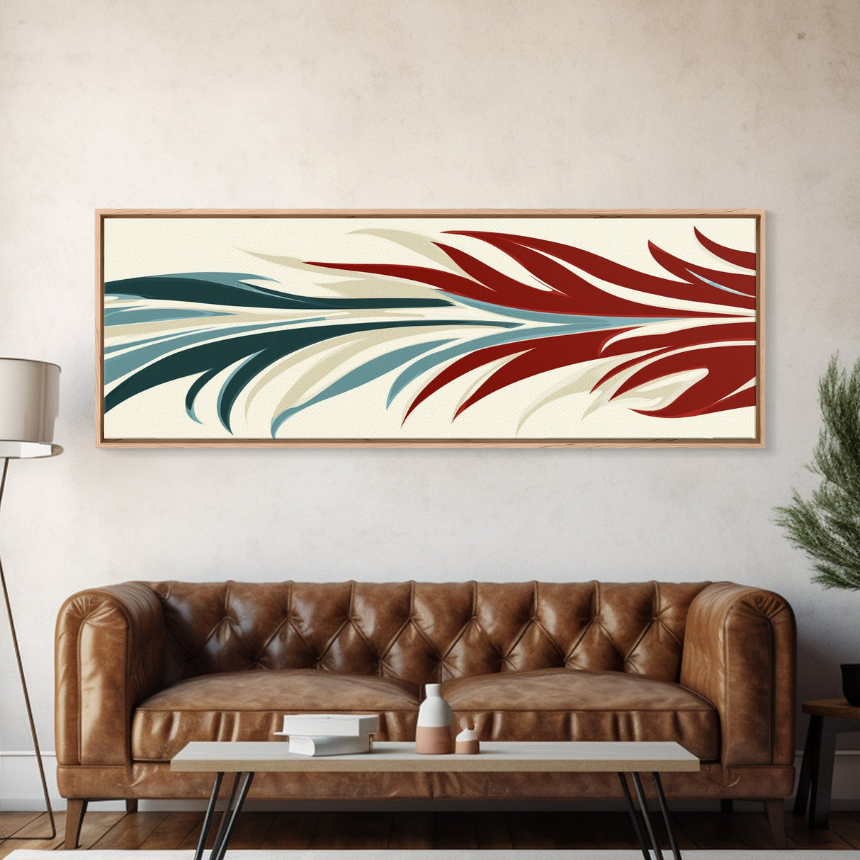 Feathers - Framed Art Deco Canvas Print - Wood Framed Art - Extra Wide Panoramic Art - Oversized Art For Large Space