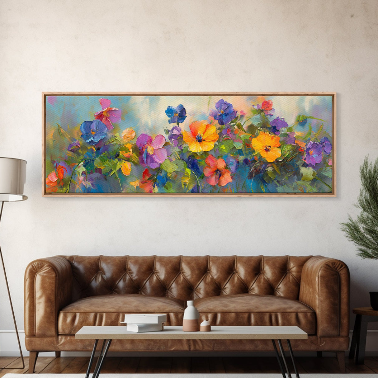Wildflowers Field Framed Canvas Print Oil Painting, Long Horizontal Art, Vintage Spring Meadow Landscape, Panoramic Landscape Print