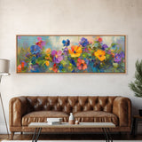 Wildflowers Field Framed Canvas Print Oil Painting, Long Horizontal Art, Vintage Spring Meadow Landscape, Panoramic Landscape Print