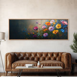 Wildflowers In a Thunder Storm, Framed Canvas Print, Colorful Botanical Print, Field of Wildflowers Canvas Art, Dark Floral Landscape Wide Art