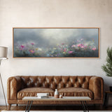 Moody Wild Flowers Under a Cloudy Sky, Panoramic Framed Canvas Print, Nature Decor, Boho Floral Wall Art, Flower Painting Gift For Her