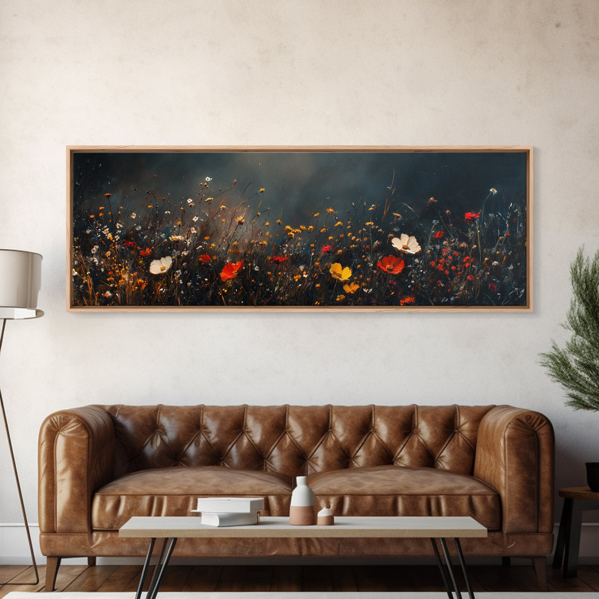 Wildflowers On A Stormy Day, Framed Canvas Print, Panoramic Wall Art, Moody Muted Decor, Above Sofa Or Couch Oversized Art