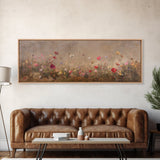 Wild Flowers On a Grey Background, Framed Canvas Print, Panoramic Oil Painting Print, Boho Farmhouse Decor, Modern Rustic Primitive Decor