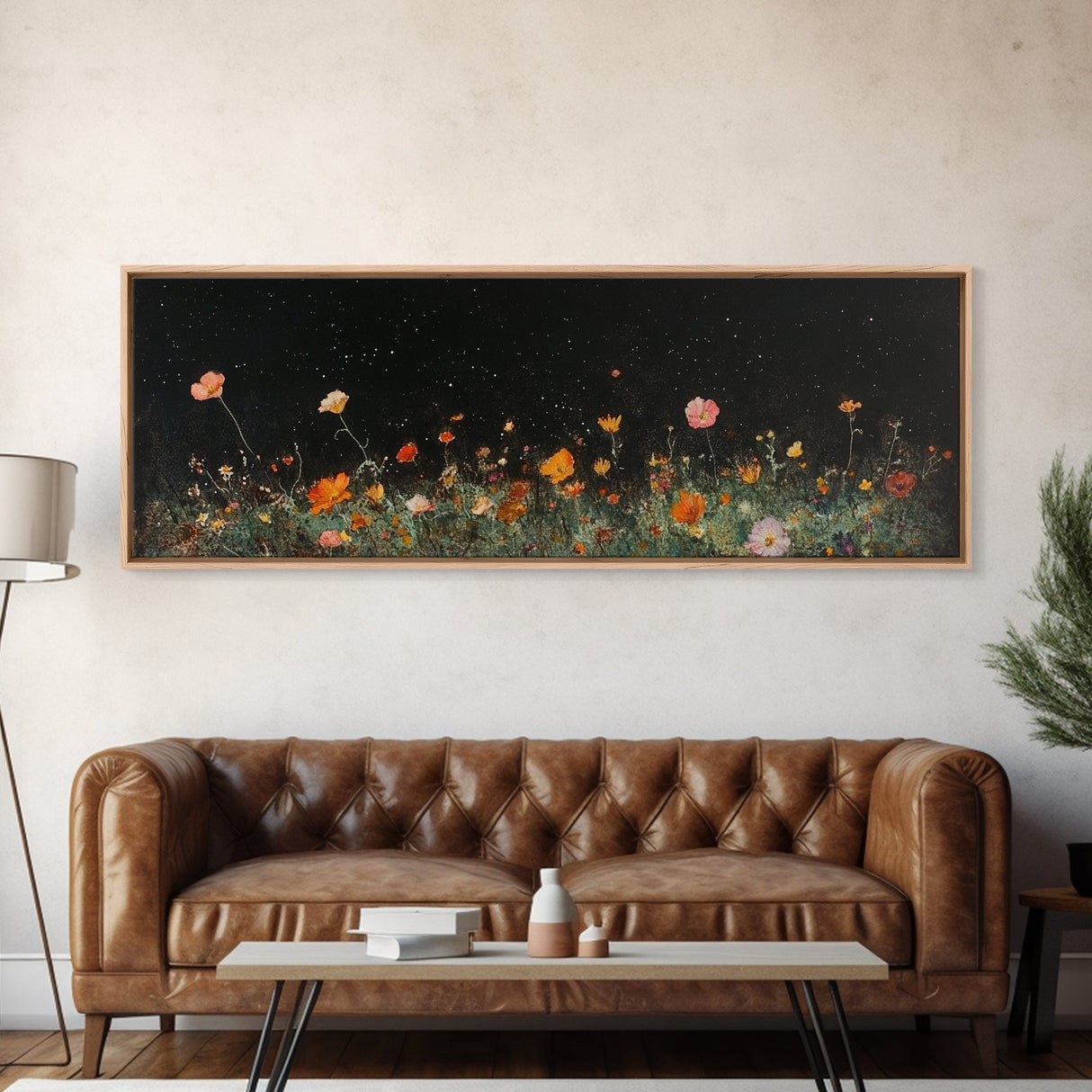 Dark & Moody Wild Flowers Under a Full Moon, Framed Canvas Print, Panoramic Extra Wide Wall Art, Oversized Home Decor, Modern Farmhouse Art