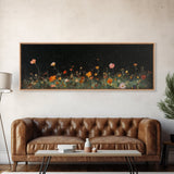Dark & Moody Wild Flowers Under a Full Moon, Framed Canvas Print, Panoramic Extra Wide Wall Art, Oversized Home Decor, Modern Farmhouse Art
