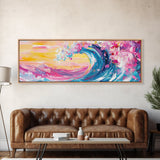 Rainbow Waves, Pink and Turquoise Ocean Waves Framed Canvas Print, Eclectic Kitsch Decor, Retro Farmhouse Wall Art
