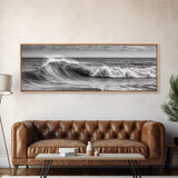 Subdued Black and White Ocean Photography Style Print, Panoramic Wall Art, Wood Framed Canvas Art, Seascapes, Nautical Decor