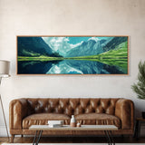 Reflections On The Lake - Framed Canvas Print - Panoramic Original Landscape Painting - Lake Painting - Mountain Painting - Minimalist Muted Art