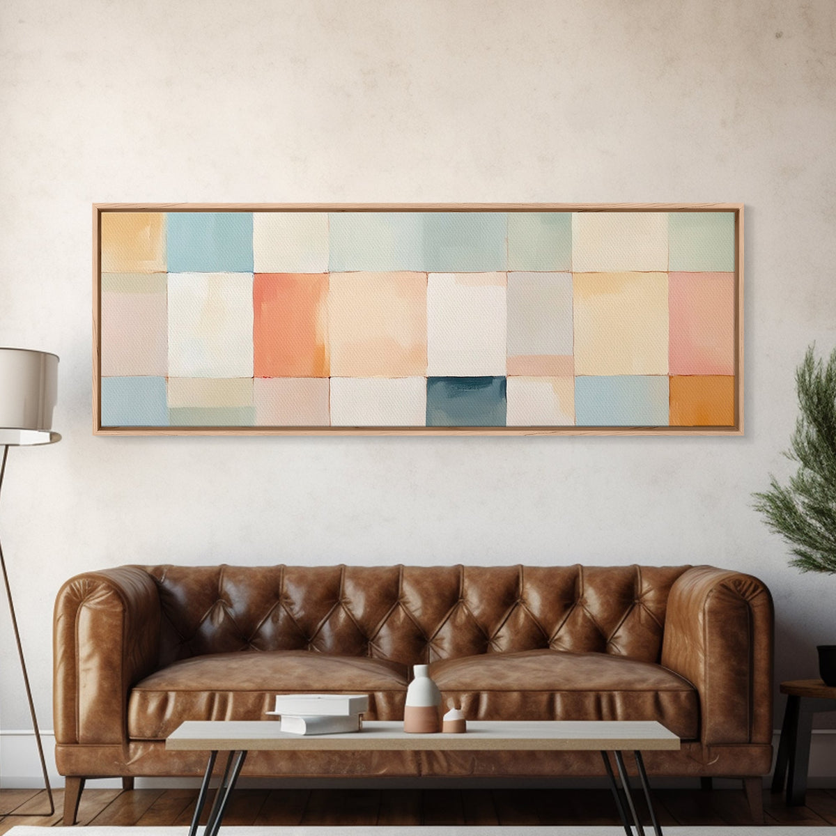 MCM Style Abstract Square, Framed Canvas Print, Mid-Century Modern Wall Art, Pastel Colors, Large Horizontal Wall Art Print
