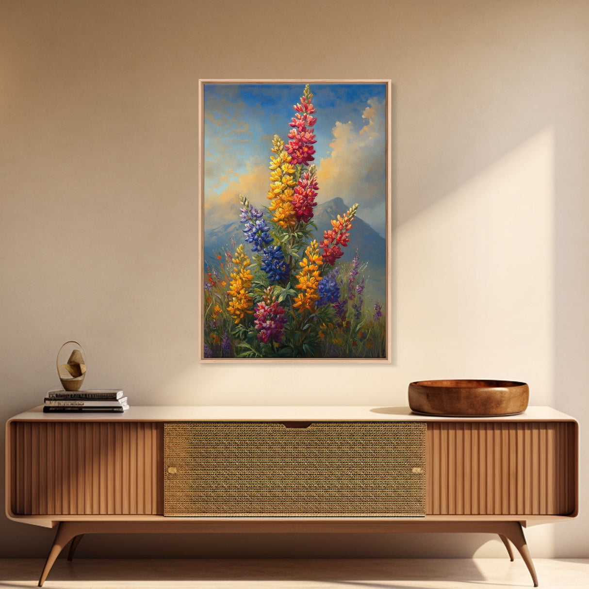 Vintage Style Canvas Print Oil Painting of Wild Flowers On A Mountain Landscape, Framed Canvas, Antique Style Wall Art, Painting of Flowers