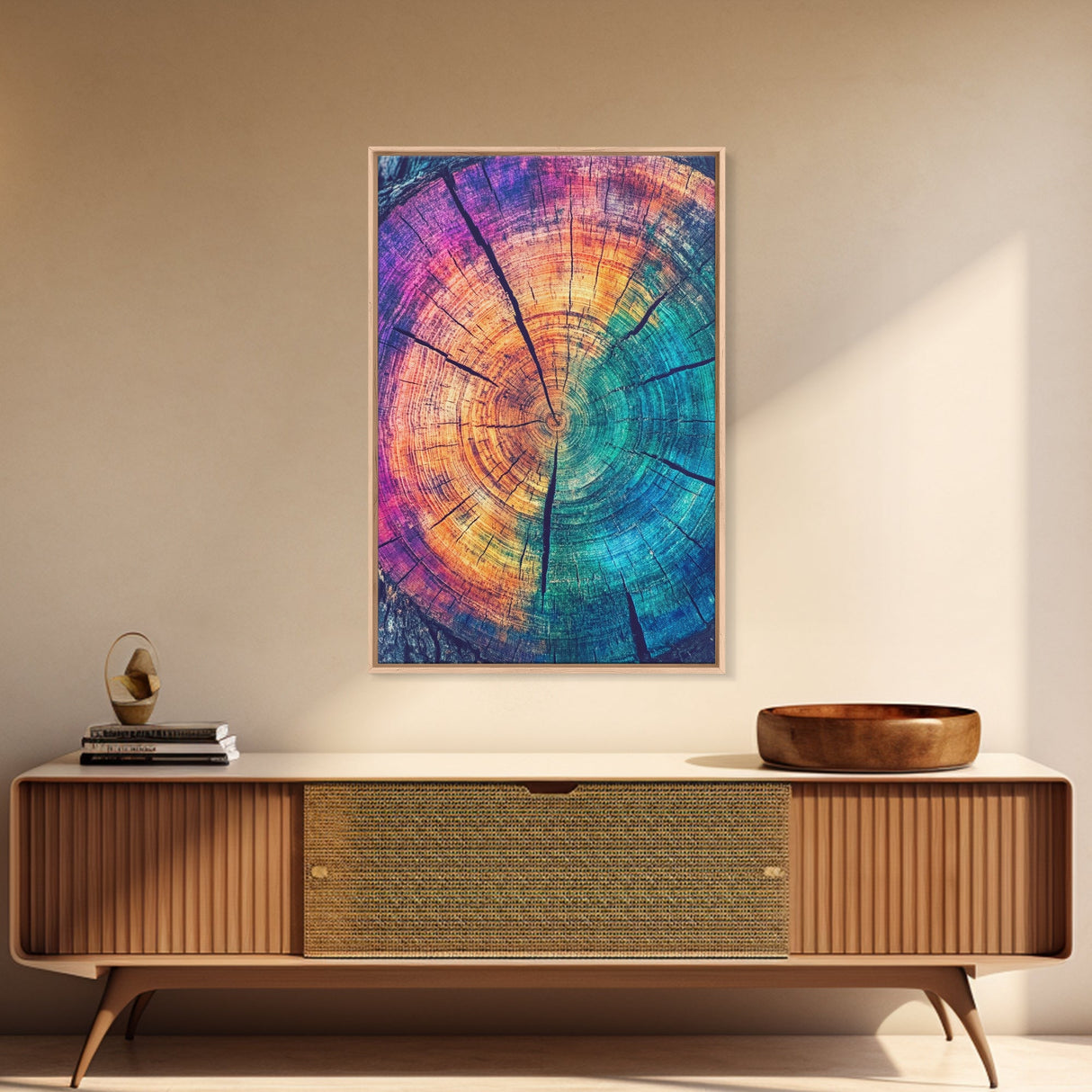 Cross Section Of Tree Rings, Rainbow Eucalyptus Print, Wood Framed Canvas Art, Colorful Abstract Modern Art, Boho Chic Cabin Decor, Eclectic Art