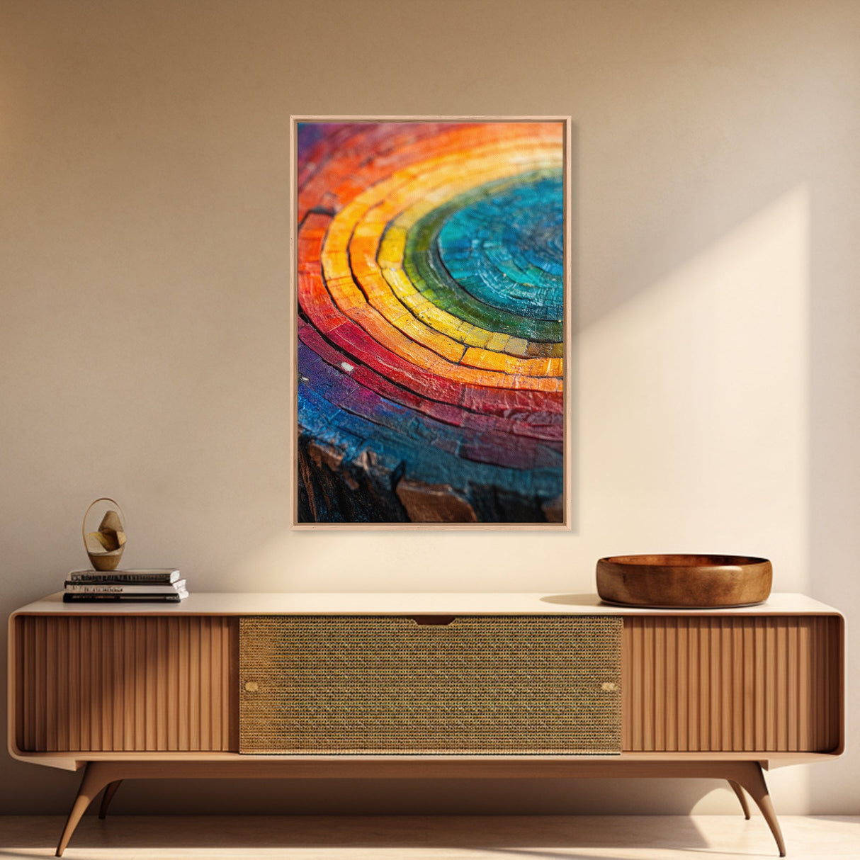 Rainbow Tree Rings, Retro Style Canvas Print, Colorful Rustic Wall Art For Living Room