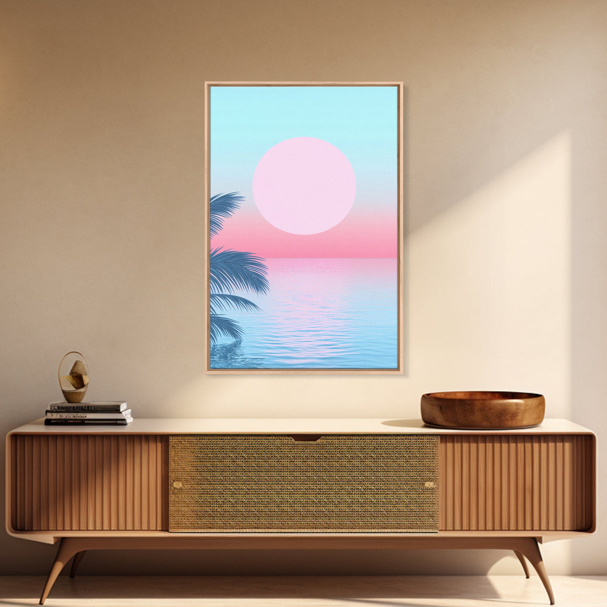 Vaporwave Sunset Framed Canvas Print with Wood Frame, Boho Style Minimalist Home Decor, Vertical Wall Art, Beach Painting