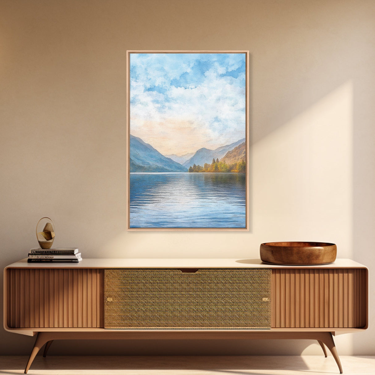 The Calm Lake Framed Canvas Print, PNW Wall Art, Modern Realism Home Decor, Watercolor Landscape Print