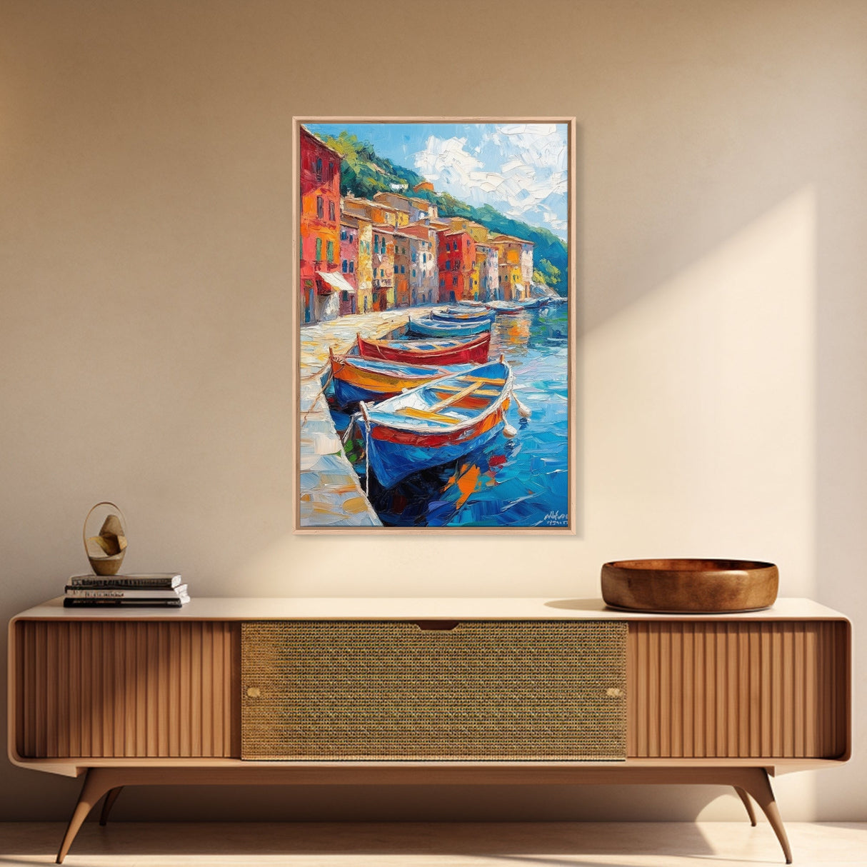 Gondolas at Sunset Framed Canvas Print - Boho Home Decor - Italy Painting - Italian Style Decor - Original Oil Painting Print