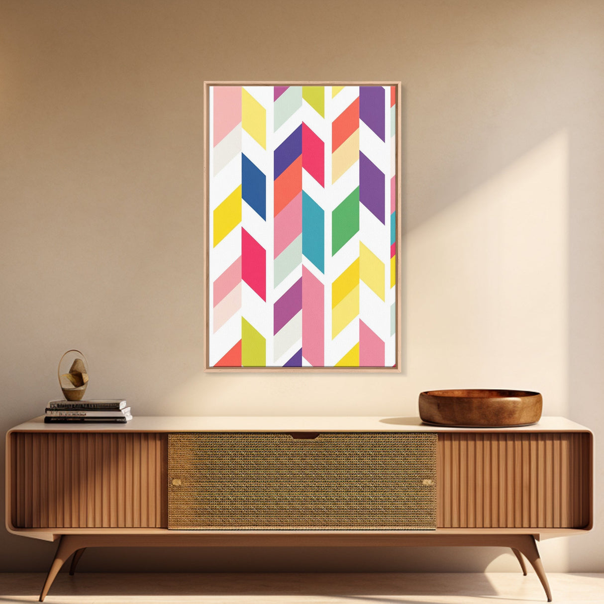 Mid-Century Modern Chevrons Framed Canvas Print Pastel Colors Modern Art Watercolor Painting Print Minimalist Art