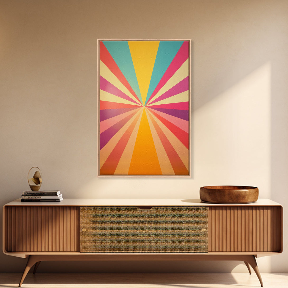 Midcentury Modern Star Burst Pastel Wall Art, Framed Canvas Print, Unique Wall Art, MCM Abstract Wall Decor