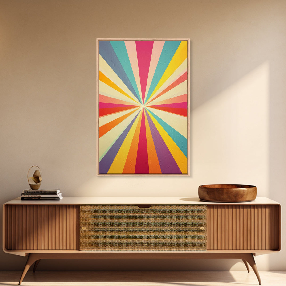 Sea Green, Golden Yellow and Deep Rose MCM Style Wall Art, Framed Canvas Print, Retro Style Colorful Home Decor