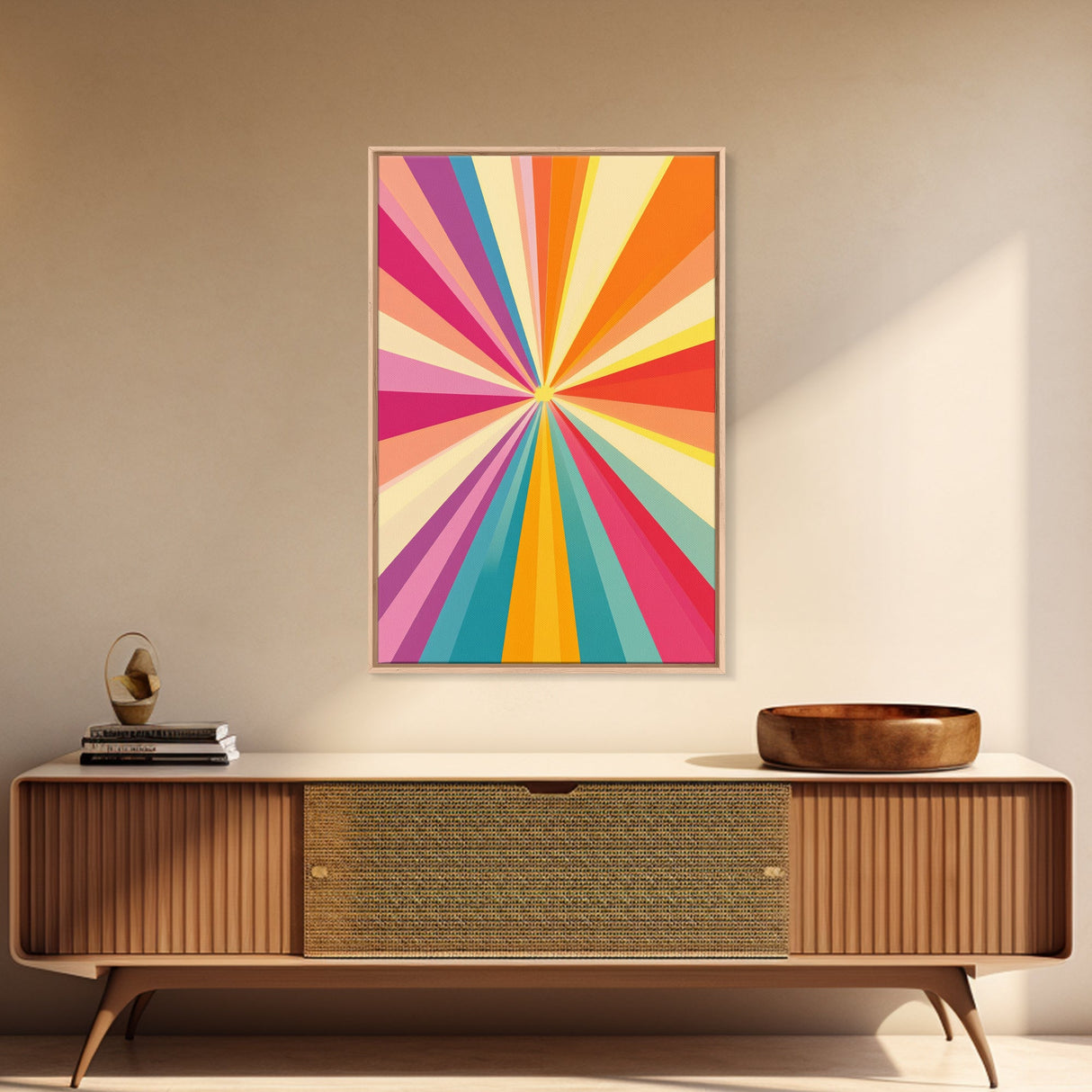 Tahiti Gold, Light Tan, Carmine Pink and Teal Wall Art, Framed Canvas Print, Beautiful MCM Inspired Boho Decor, Geometric Wall Art