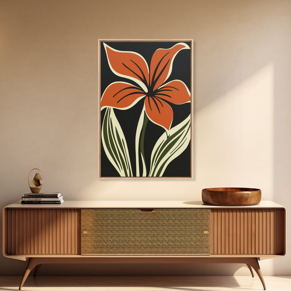 Orange Flower on Black Background, MCM Style Art, Framed Canvas Print