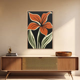 Orange Flower on Black Background, MCM Style Art, Framed Canvas Print