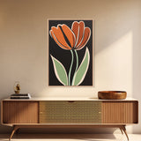 Orange Tulip  with Black Background, Framed Canvas Print, Cute Floral Print, Botanical Minimalist Home Decor
