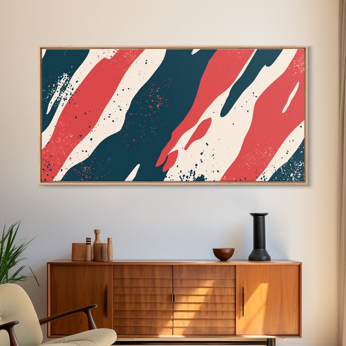Simplistic Mid Century Modern Art Camo Pattern Canvas Print, Camouflage Wall Art Print, Navy Blue and Red Abstract Wall Art