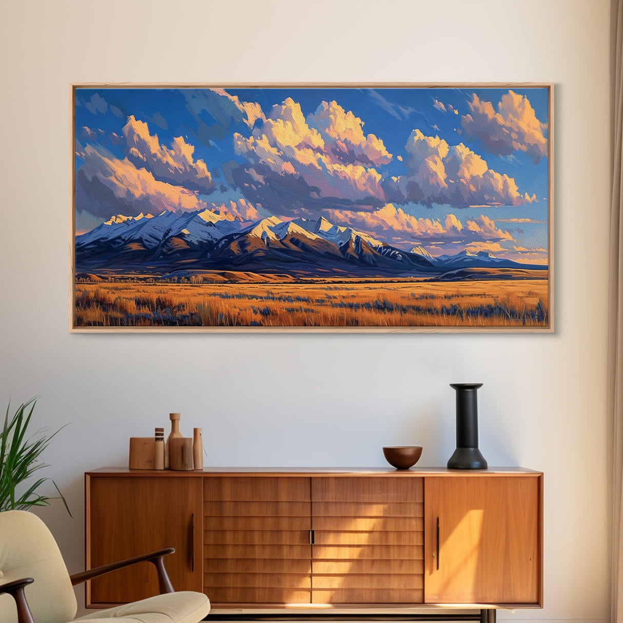 Sunset Over The Mountains Framed Canvas Print, Panoramic Art, Large Format Horizontal Panoramic Wall Art