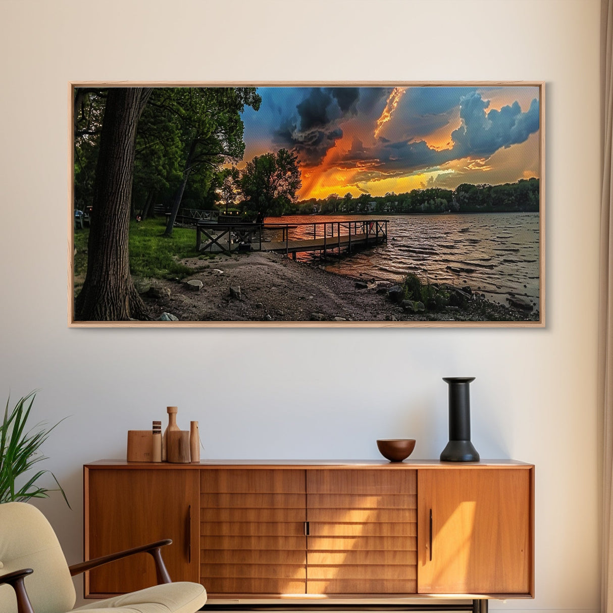 Sunset At The Lake Framed Canvas Print, Lakehouse Decor, Rustic Modern Farmhouse Wall Art, Photography Style Landscape Art