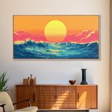 Retro Sunset Over The Ocean, Framed Canvas Print, Beautiful Synthwave Horizontal Wall Art