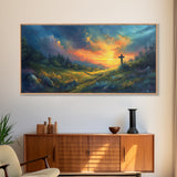 Painting Of a Cross in A Beautiful Landscape Christian Wall Art Framed Canvas Print