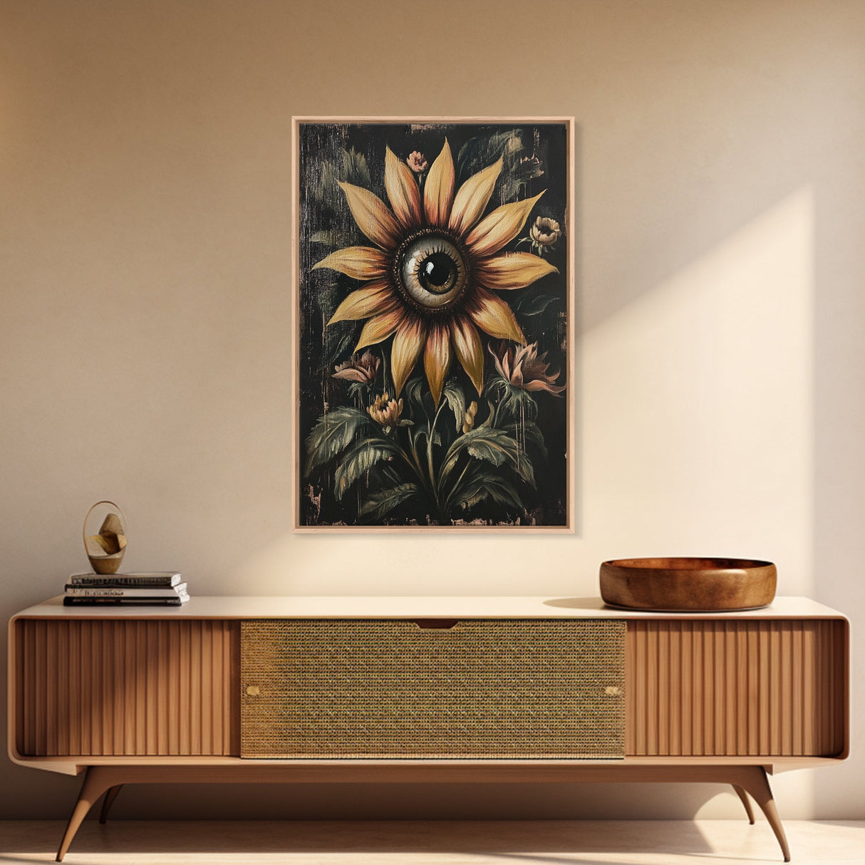 Cyclops Sunflower Framed Canvas Print - Spooky Home Decor - Halloween Wall Art - Dark Academia Macabre Wall Art Goth Botanical Art