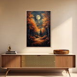 Full Moon Over a Haunted Forest, Framed Canvas Print, Wood Framed Wall Art, Dark Academia Witchy Decor