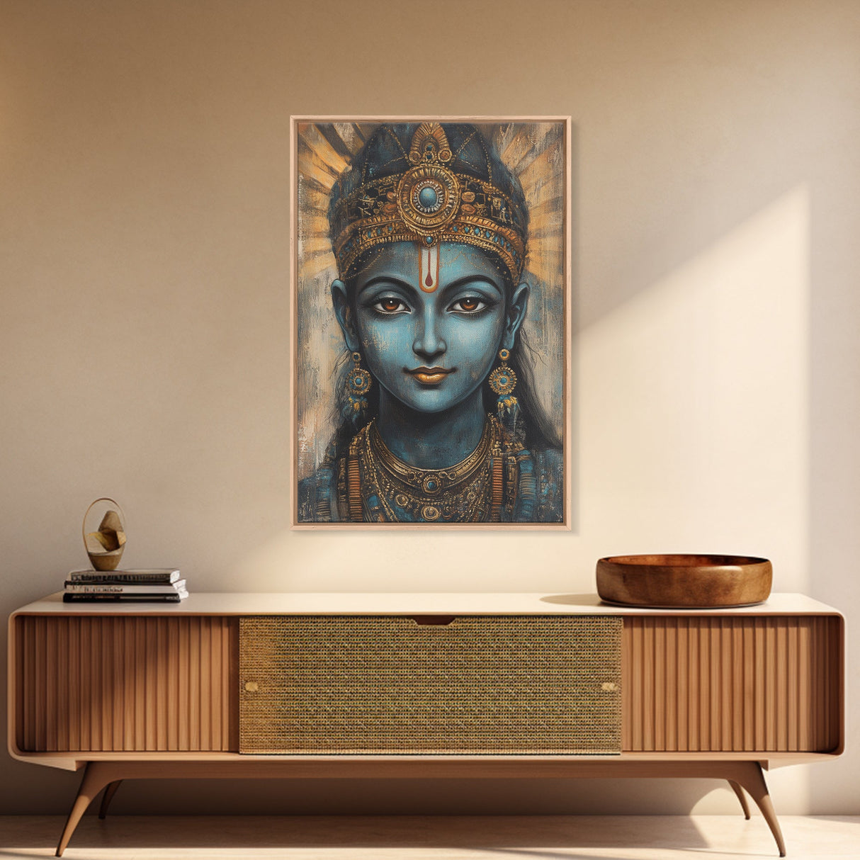 Madhubani Wall Art, Framed Canvas Print, Madhubani Style Decor, Madhubani Painting, Krishna Art