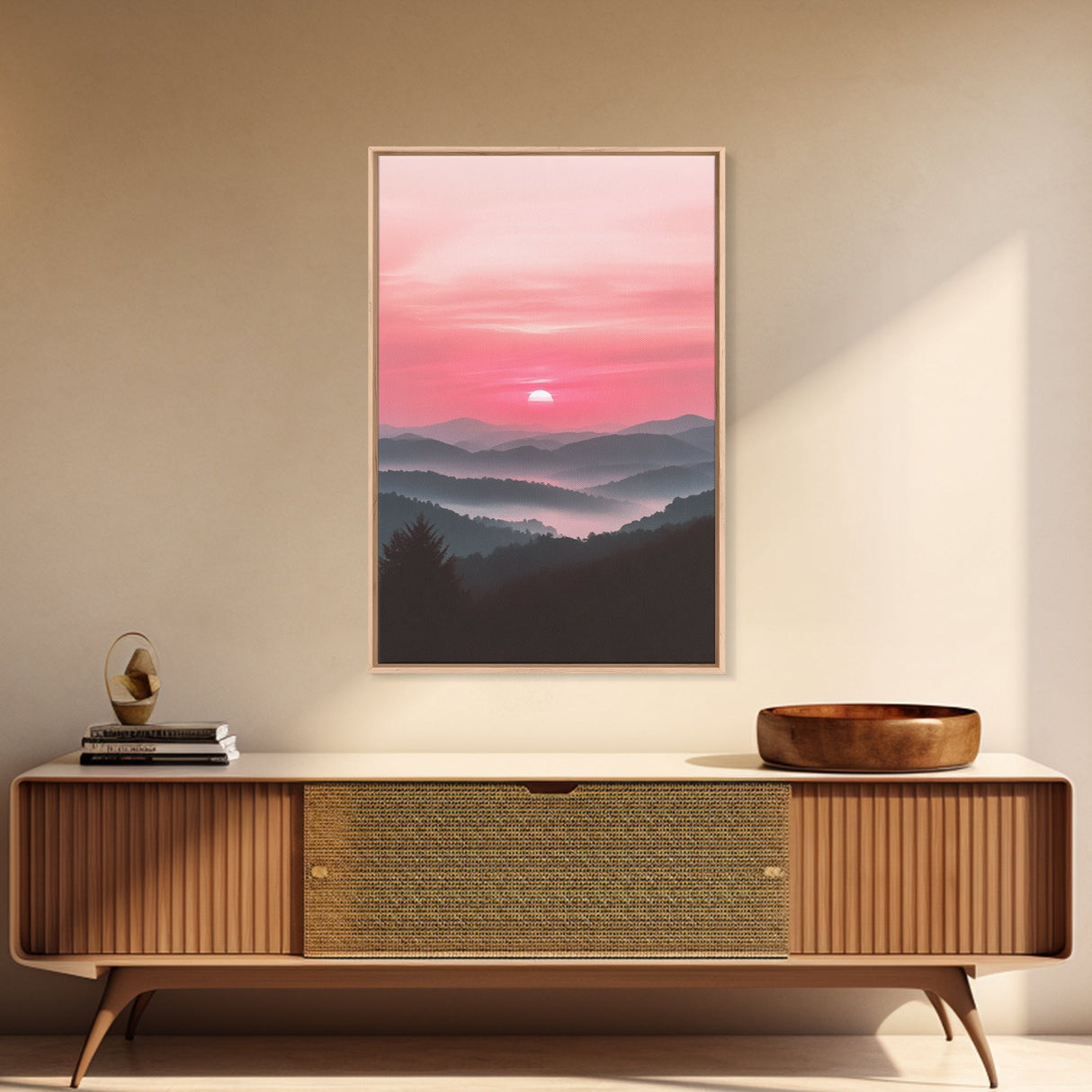 Sunset Over The Smoky Mountains, Framed Canvas Print, Smoky Mountain Art, Landscape Photography Style Home Decor, Retro Wave Art