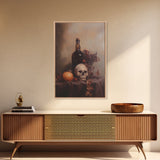Still Life of a Skull and Wine Framed Canvas Print, Oil Painting Print, Gothic Decor, Dark Academia Macabre Halloween Wall Art, Witchy Decor