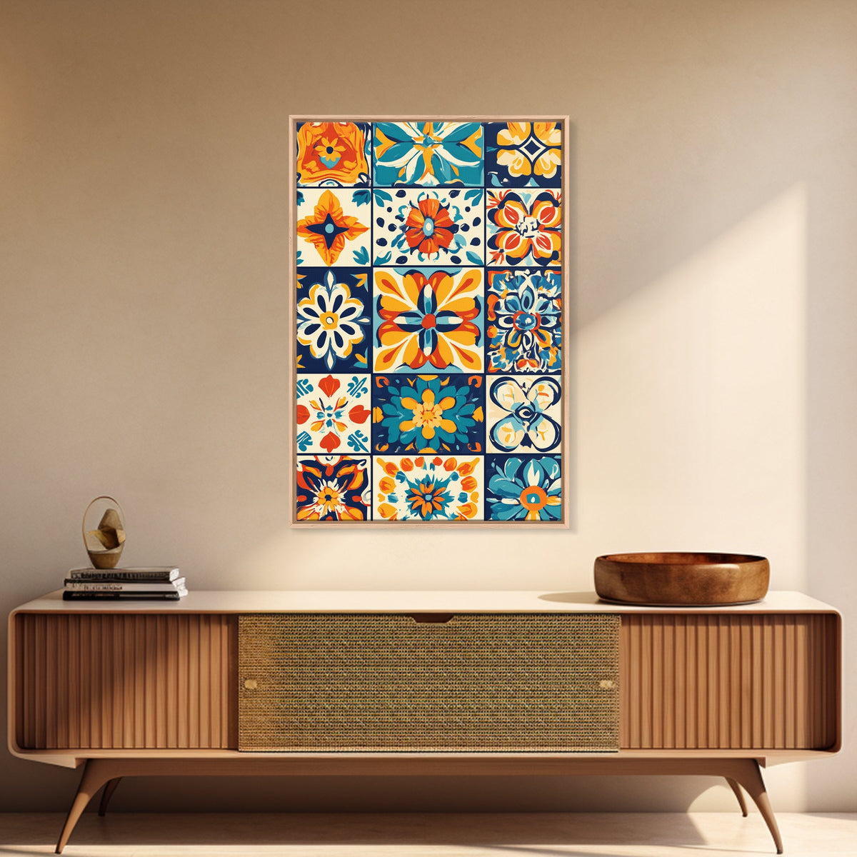 Textile Wall Art, Mexican Tile Canvas Print, Framed Wall Art, Mexicano Style Decor, Chicano Art, Textile Painting Wall Art