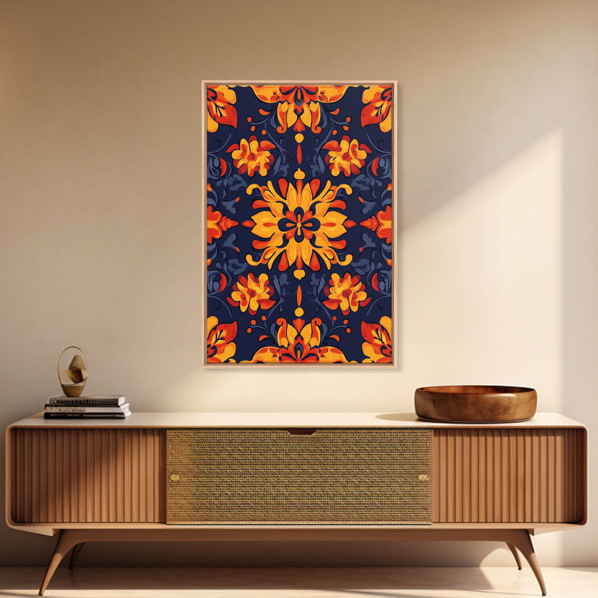Botanical Pattern Wall Art Framed Canvas Print, Wood Framed Art, Mexicano Art, Mexican Tile Print Wall Art, Chicano Farmhouse Art