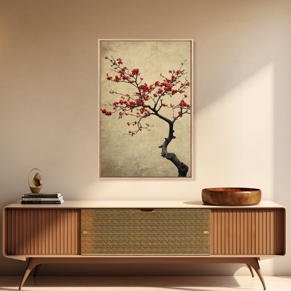Japanese Maple Tree in Spring, Framed Canvas Print, Cherry Blossoms Painting, Wood Framed Living Room Art, Minimalist Decor