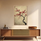 Japanese Maple Tree in Spring, Framed Canvas Print, Cherry Blossoms Painting, Wood Framed Living Room Art, Minimalist Decor