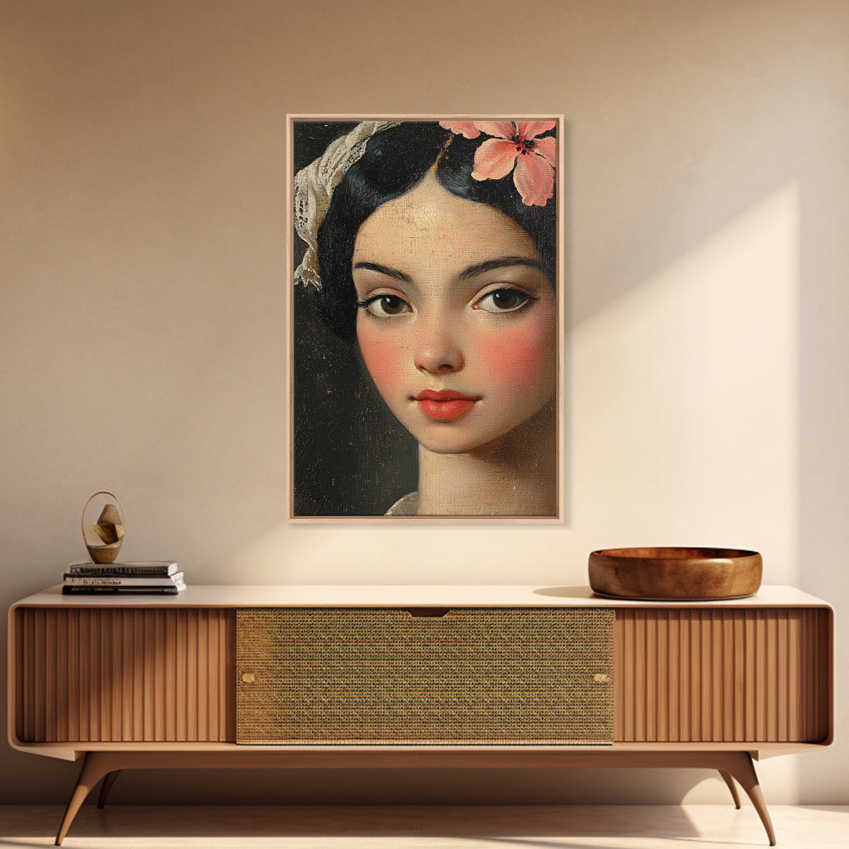 Chicano Portrait of Beautiful Senora, Vintage Style Framed Canvas Print, Mexicana Wall Art