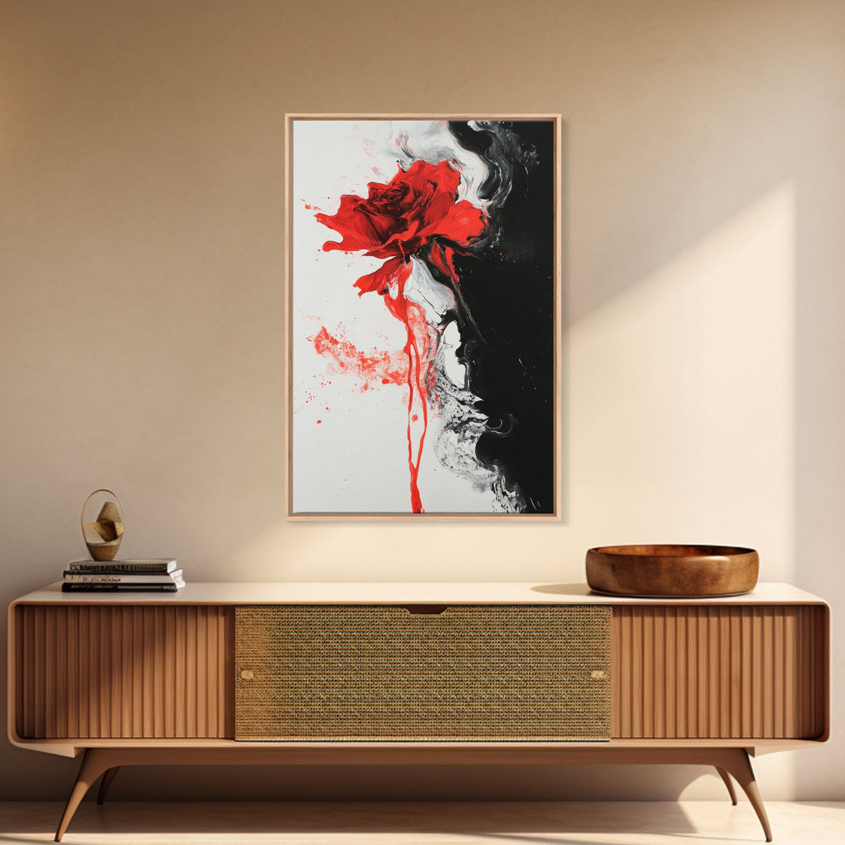 Abstract Red Rose Painting Canvas Print, Vintage Inspired Flower Print, Vintage French Country Art, Duality Art, Statement Piece, Center Piece Art