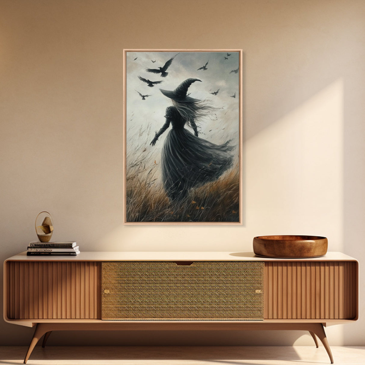 The Witch and her Ravens, Framed Canvas print, Spooky Season Halloween Wall Art, Gothic Home Decor, Witch Wall Art, Halloween Art