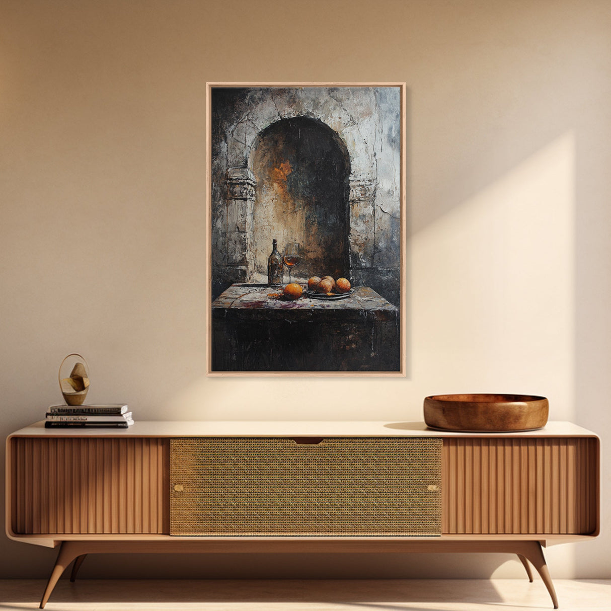 Medieval Kitchen Wall Art, Rustic Home Decor, Framed Canvas Print, Kitchen Home Decor, Dining Room Wall Art, Wine and Fruit Still Life Painting